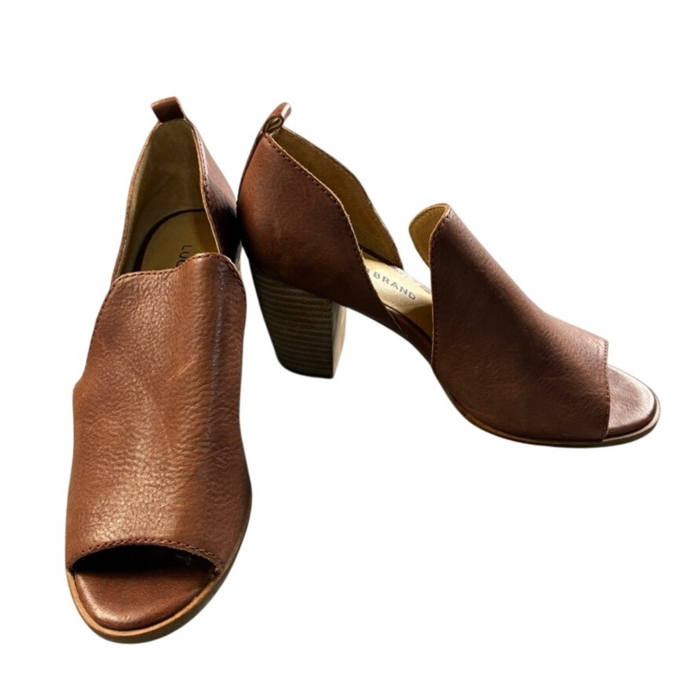 Lucky Brand Junai Brown Leather Peep Toe Cutout 3" Block Heel Booties Size 7M - Picture 3 of 16